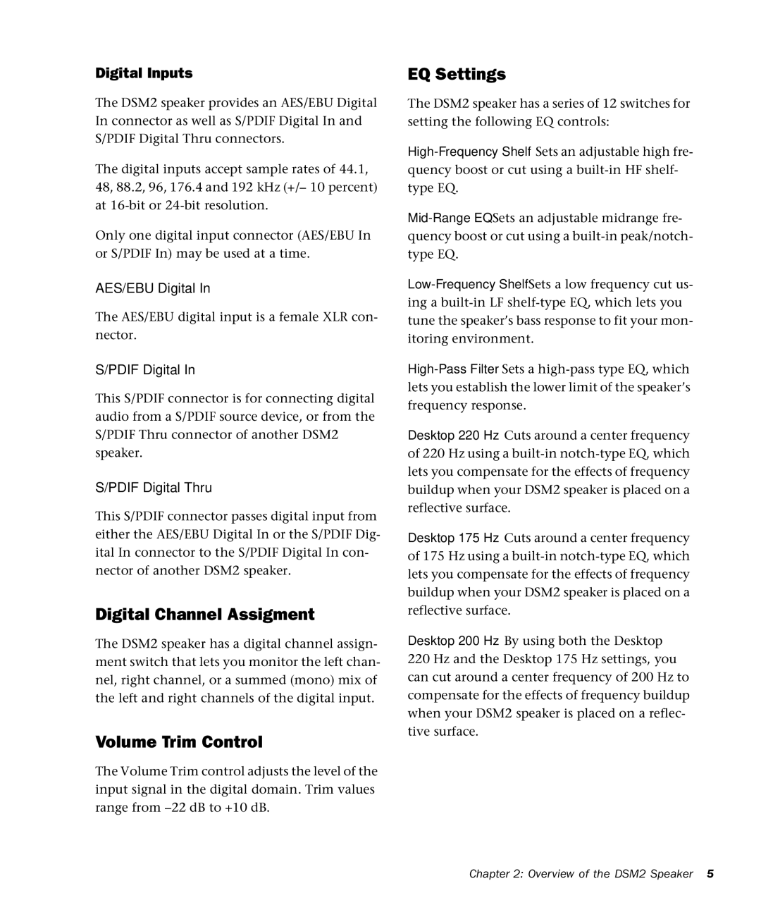 M-Audio DSM2 manual Digital Channel Assigment, Volume Trim Control, EQ Settings, Digital Inputs 