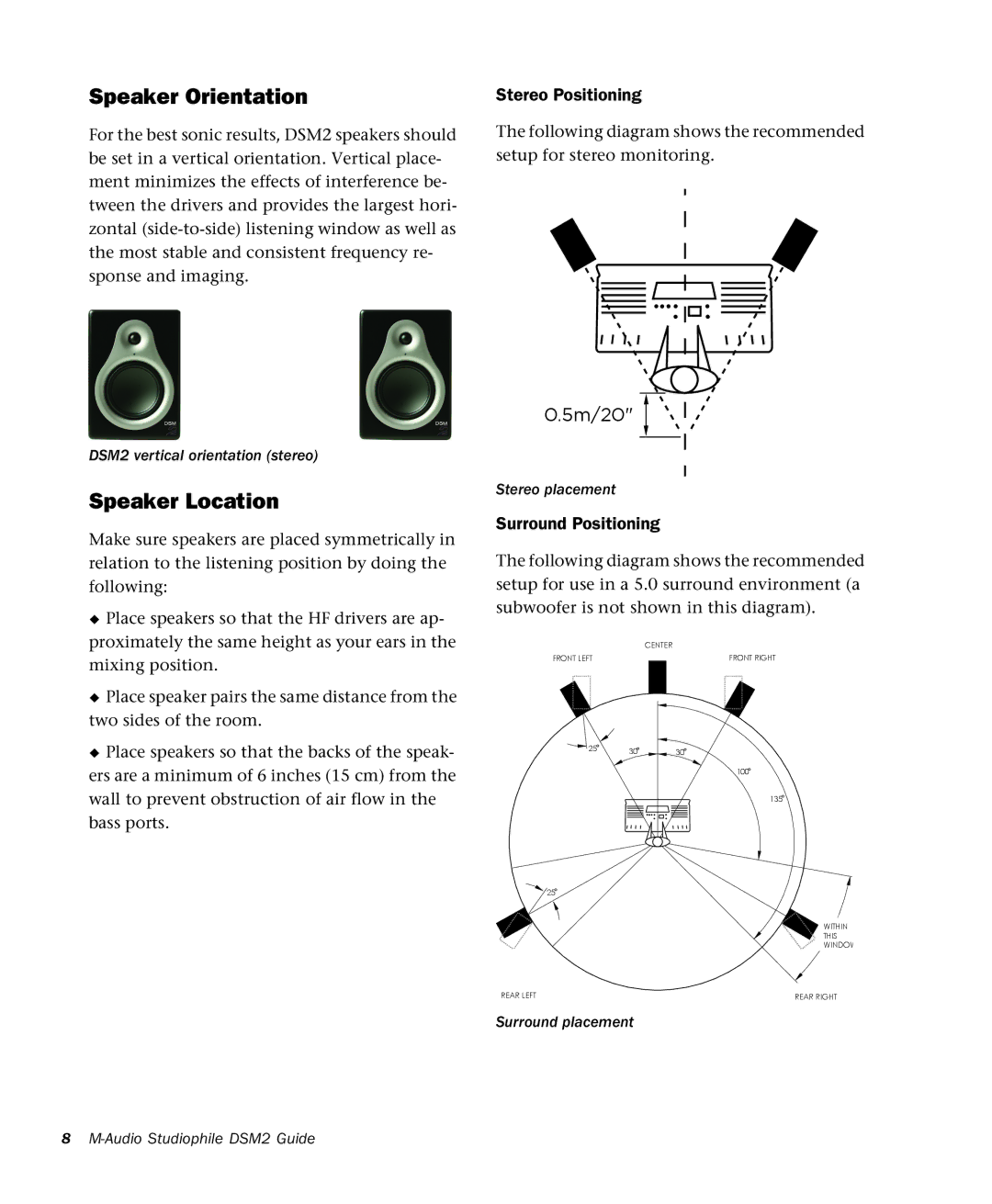 M-Audio DSM2 manual Speaker Orientation, Speaker Location 