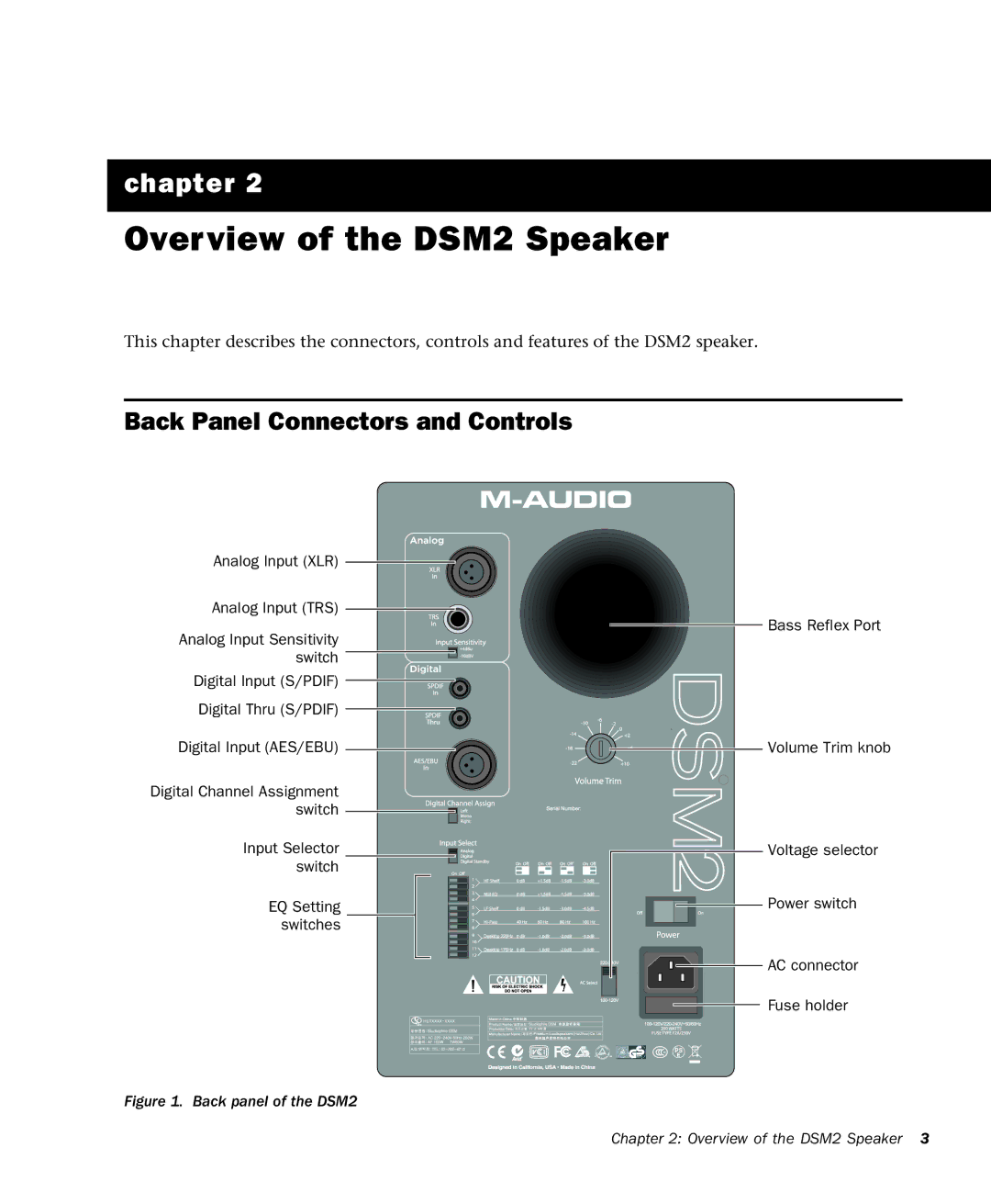 M-Audio manual Overview of the DSM2 Speaker, Back Panel Connectors and Controls 