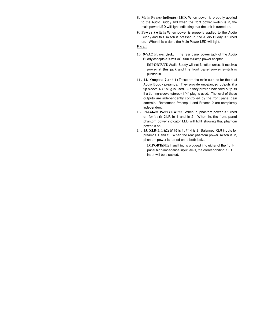 M-Audio Dual Mic Preamp specifications Rear 