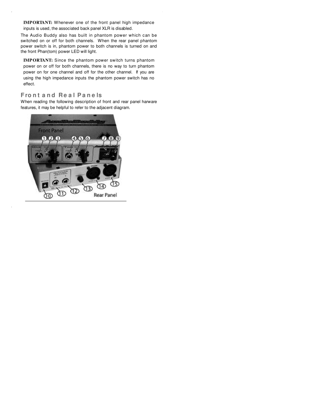 M-Audio Dual Mic Preamp specifications Front and Real Panels 