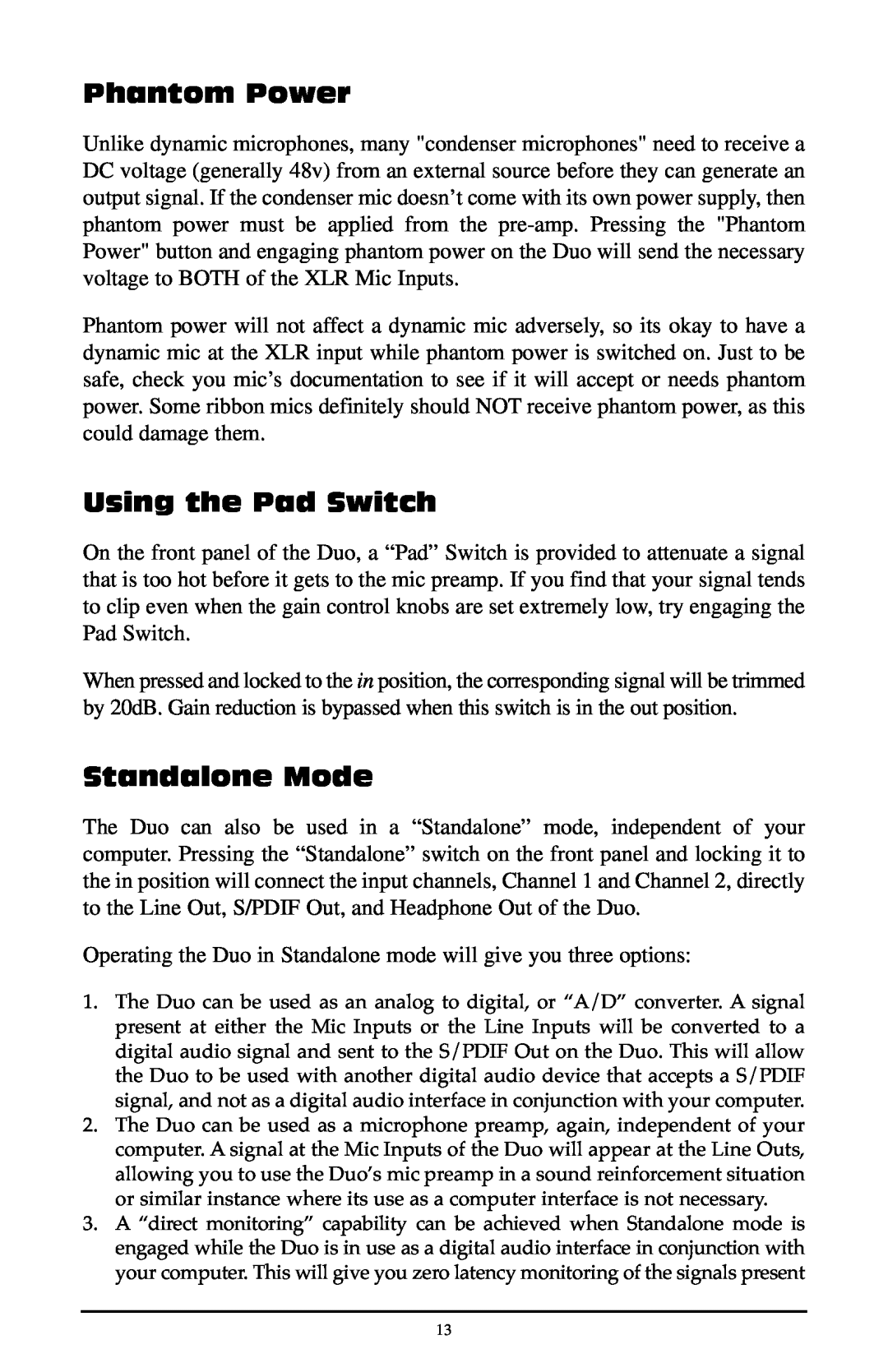 M-Audio Duo quick start Phantom Power, Using the Pad Switch, Standalone Mode 