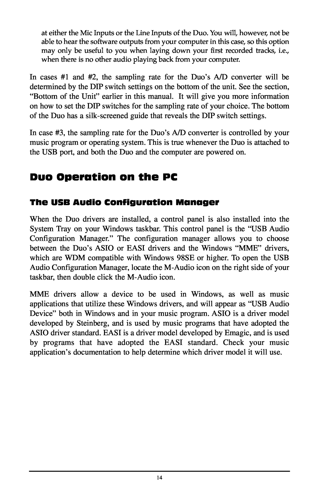 M-Audio quick start Duo Operation on the PC, The USB Audio Configuration Manager 