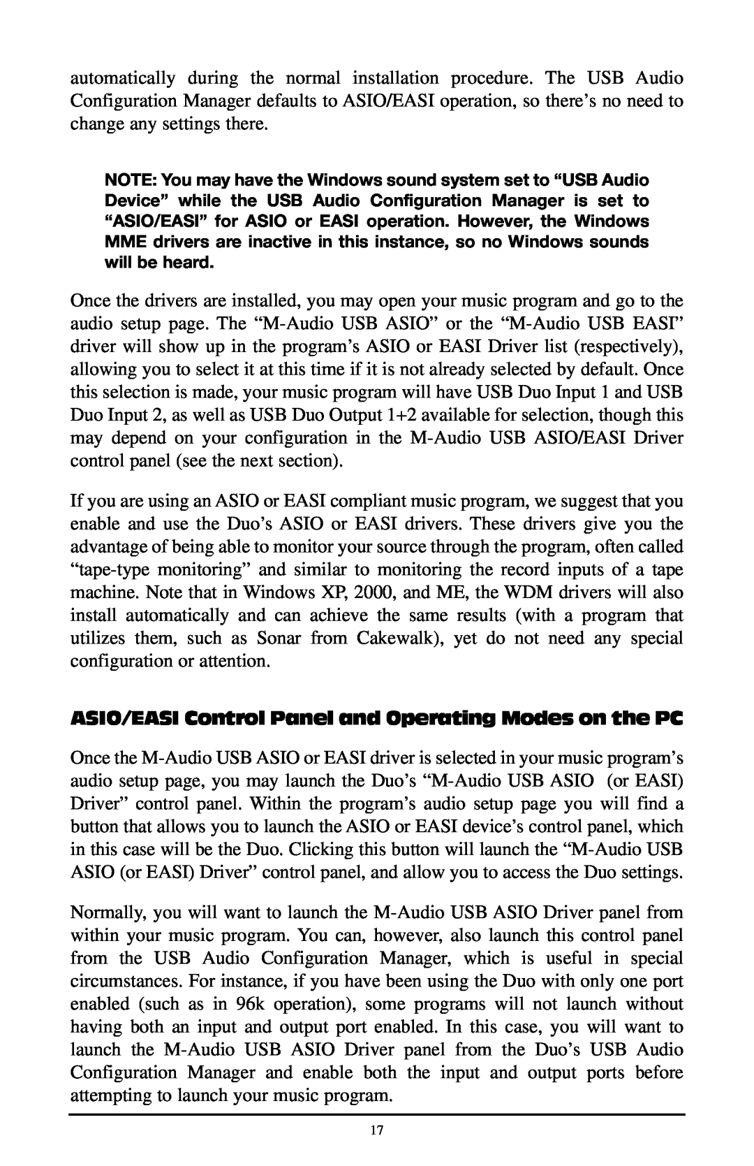 M-Audio Duo quick start ASIO/EASI Control Panel and Operating Modes on the PC 