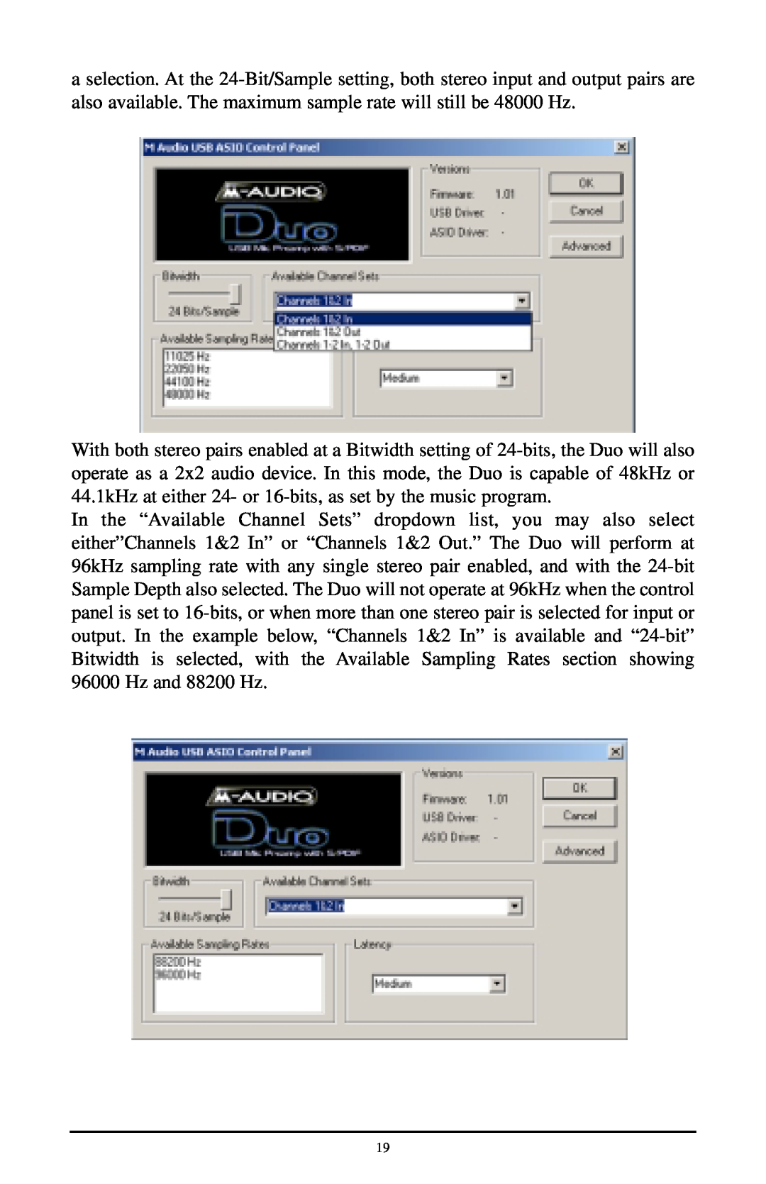 M-Audio Duo quick start panel is set to 16-bits, or when more than one stereo pair is selected for input or 