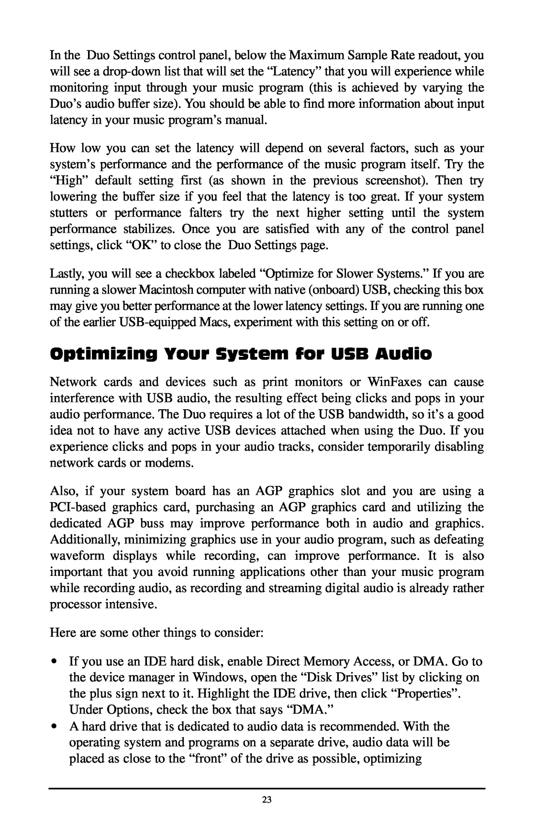 M-Audio Duo quick start Optimizing Your System for USB Audio 