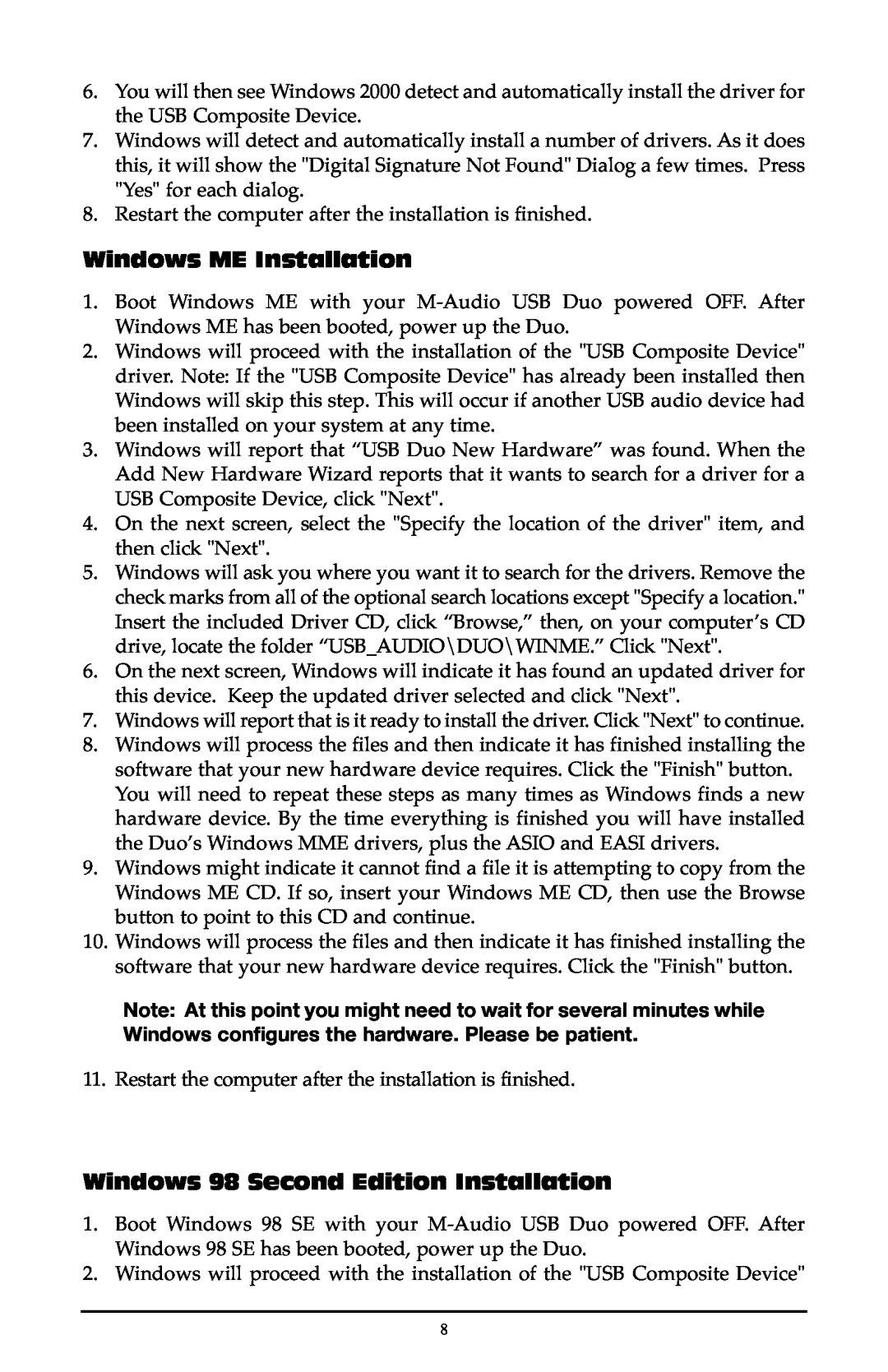 M-Audio Duo quick start Windows ME Installation, Windows 98 Second Edition Installation 