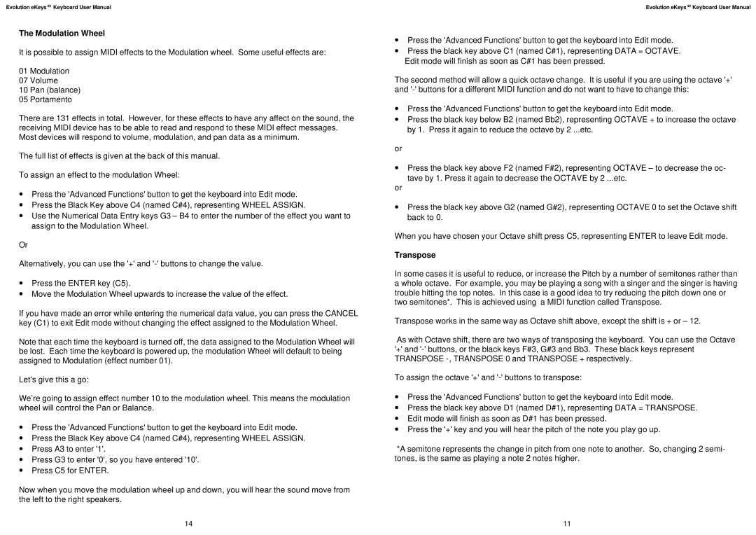 M-Audio eKeys49 user manual Modulation Wheel, Transpose 