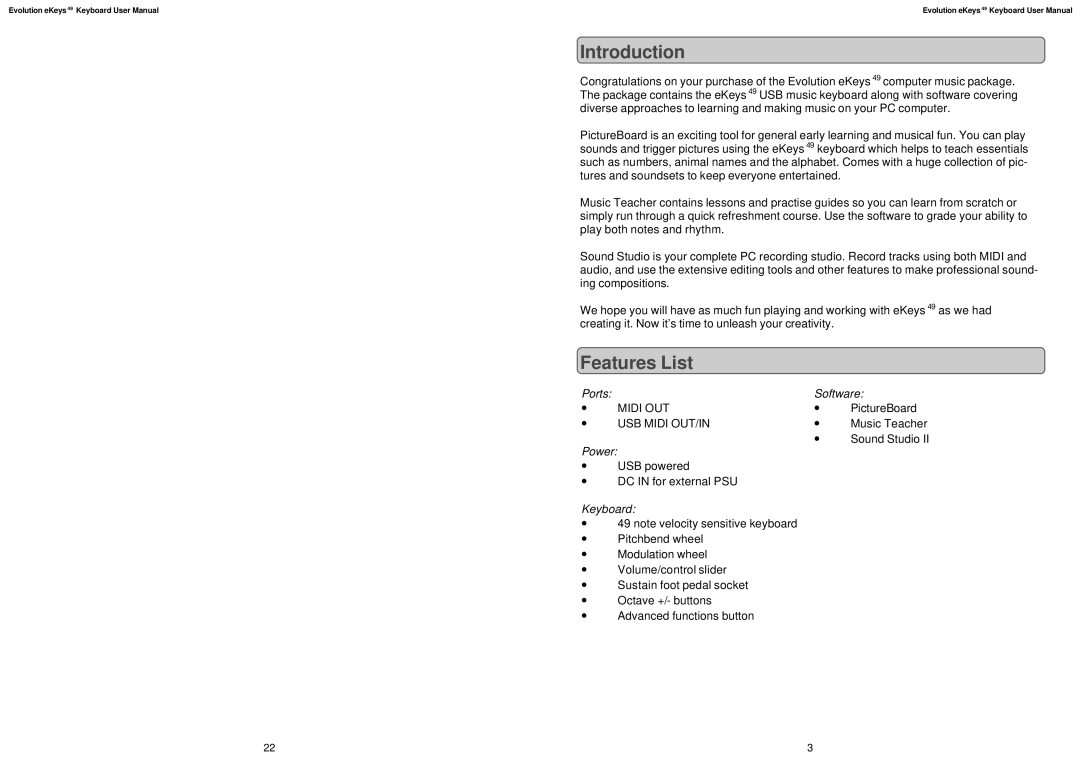 M-Audio eKeys49 user manual Introduction Introduction, Features List 