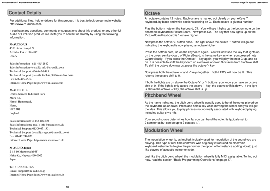 M-Audio eKeys49 user manual Contact Details, Octave, Pitchbend Wheel, Modulation Wheel 