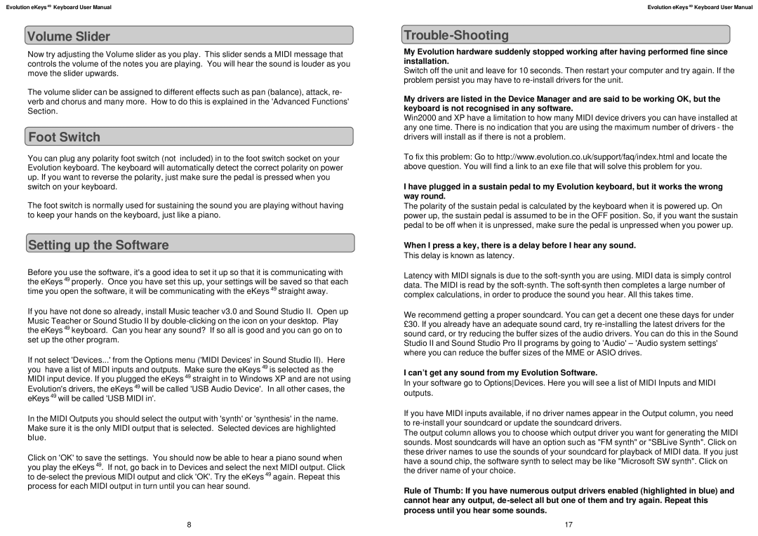 M-Audio eKeys49 user manual Volume Slider, Foot Switch, Setting up the Software, Trouble-Shooting 