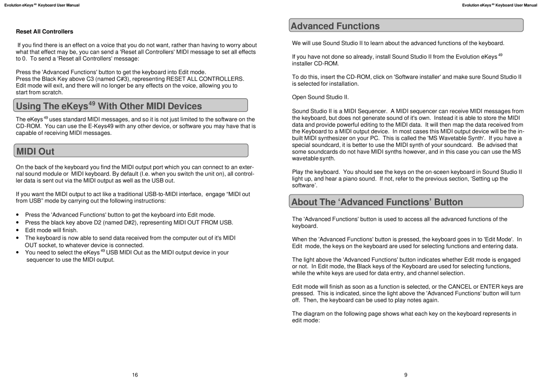 M-Audio user manual Using The eKeys49 With Other Midi Devices, Midi Out, About The ‘Advanced Functions’ Button 