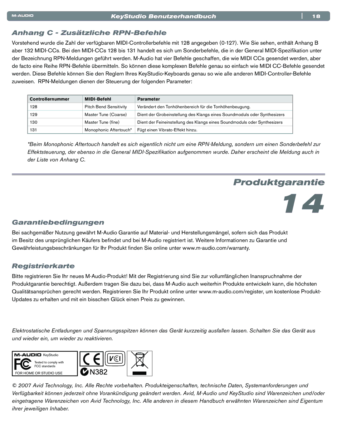 M-Audio Electronic Keyboard manual Produktgarantie, Anhang C Zusätzliche RPN-Befehle, Garantiebedingungen Registrierkarte 