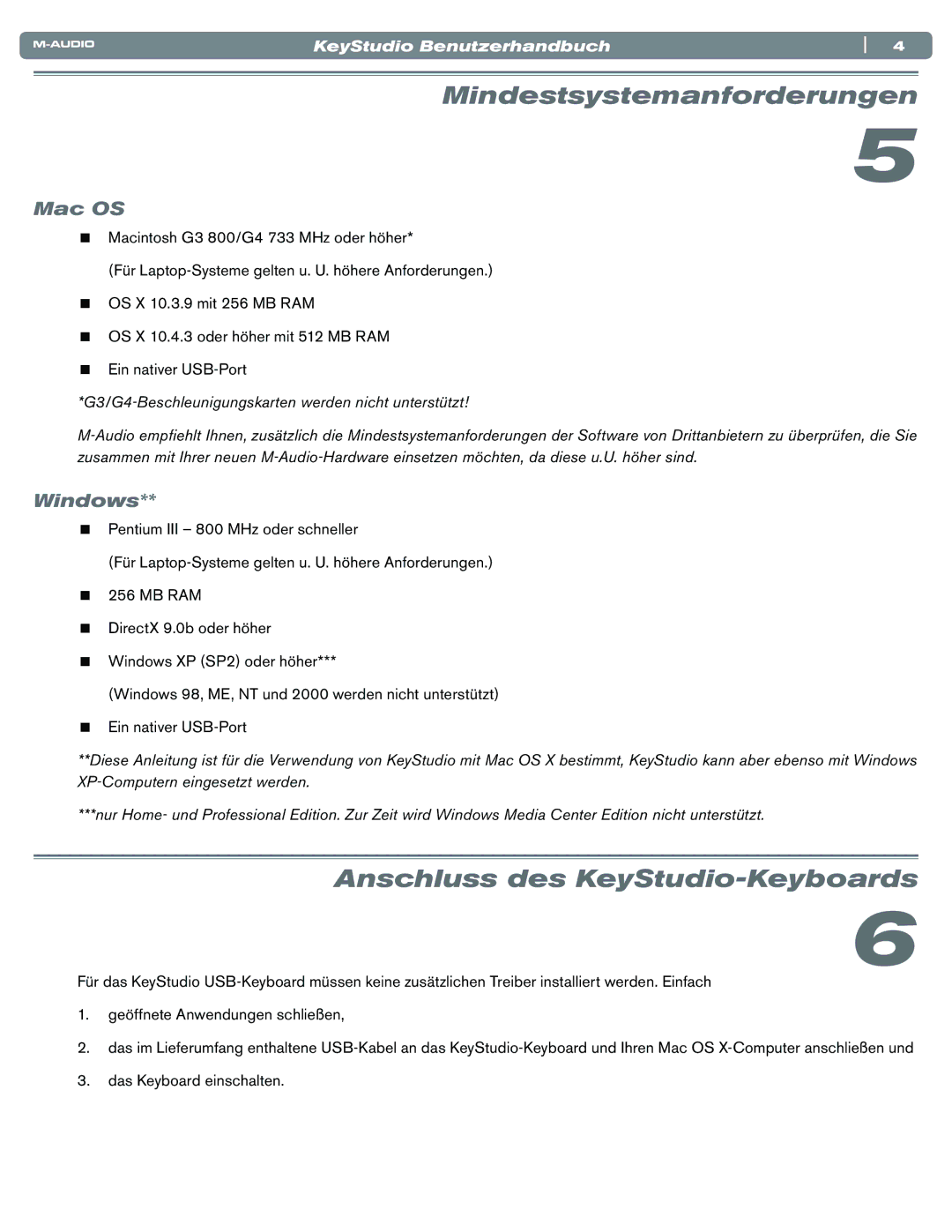 M-Audio Electronic Keyboard manual Mindestsystemanforderungen, Anschluss des KeyStudio-Keyboards, Mac OS, Windows 