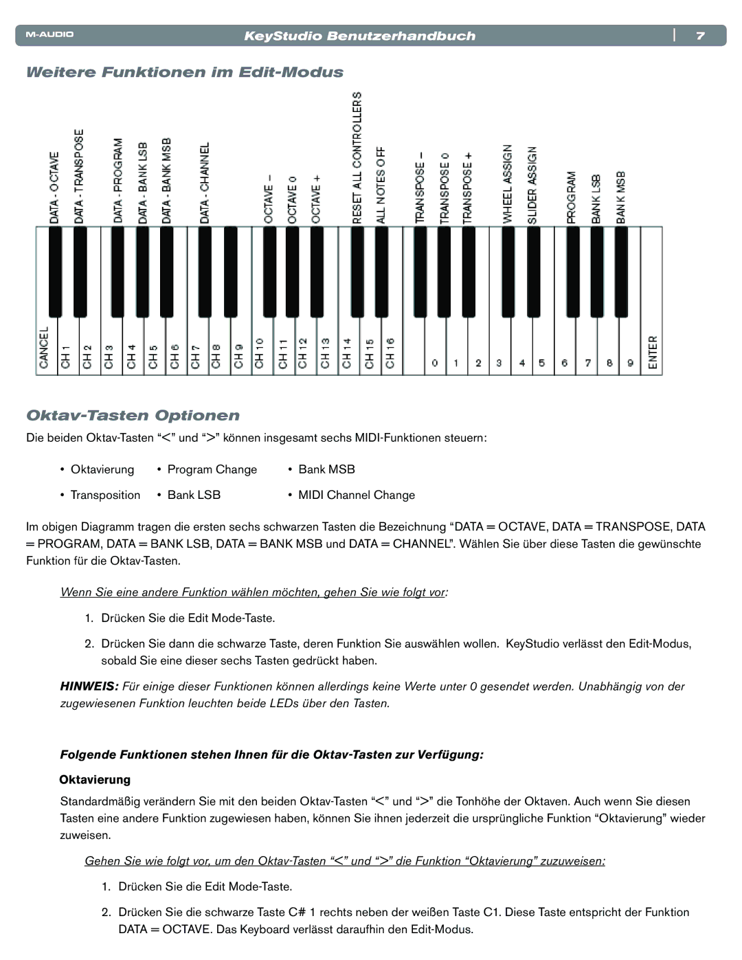 M-Audio Electronic Keyboard manual Weitere Funktionen im Edit-Modus Oktav-Tasten Optionen, Oktavierung 