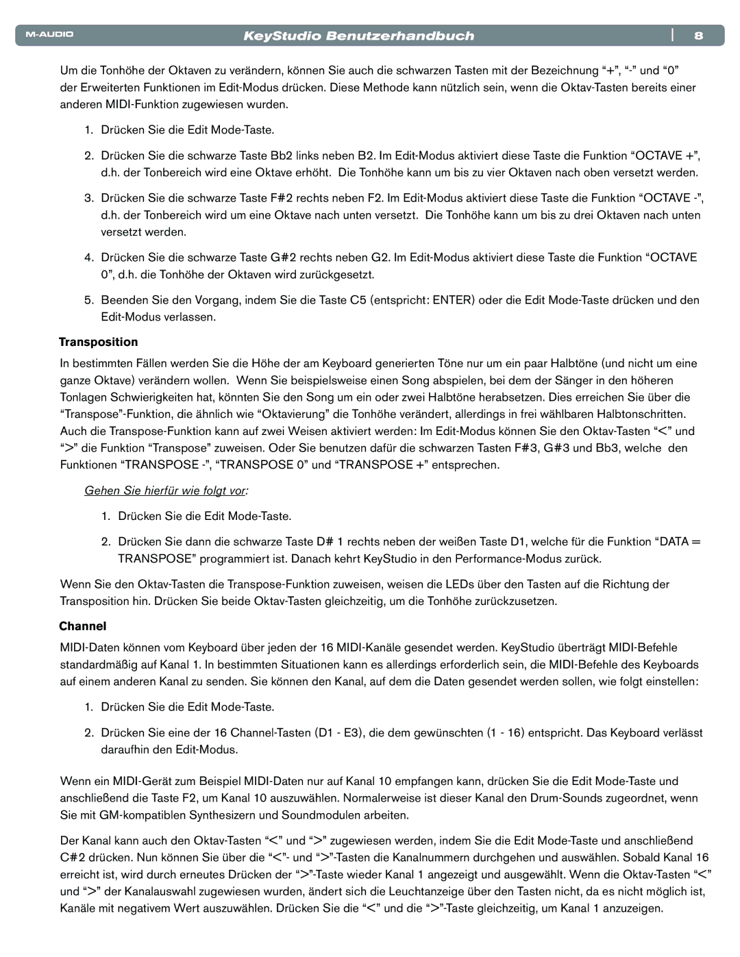 M-Audio Electronic Keyboard manual Transposition 