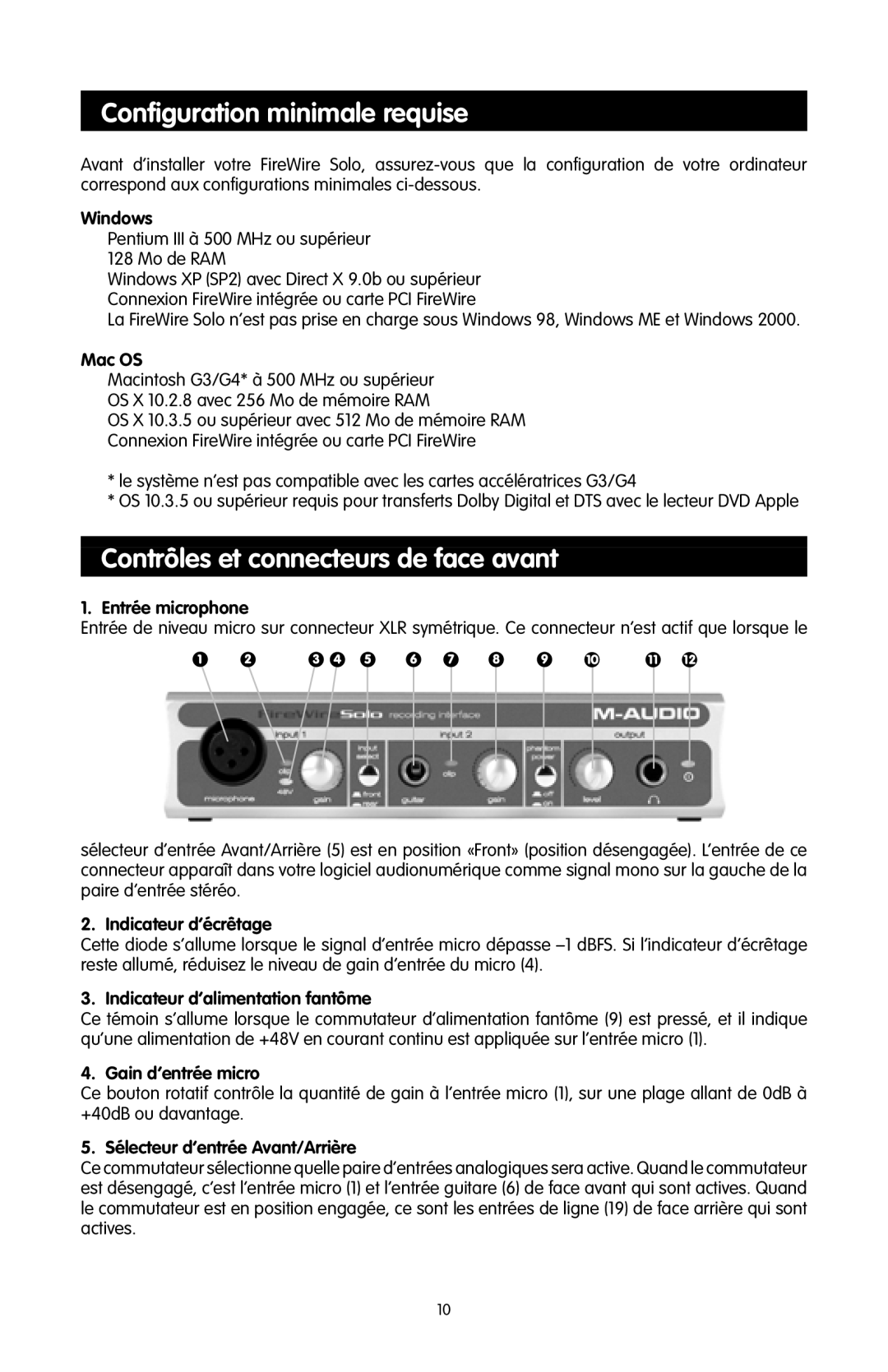 M-Audio FireWire SOLO quick start Conﬁguration minimale requise, Contrôles et connecteurs de face avant 