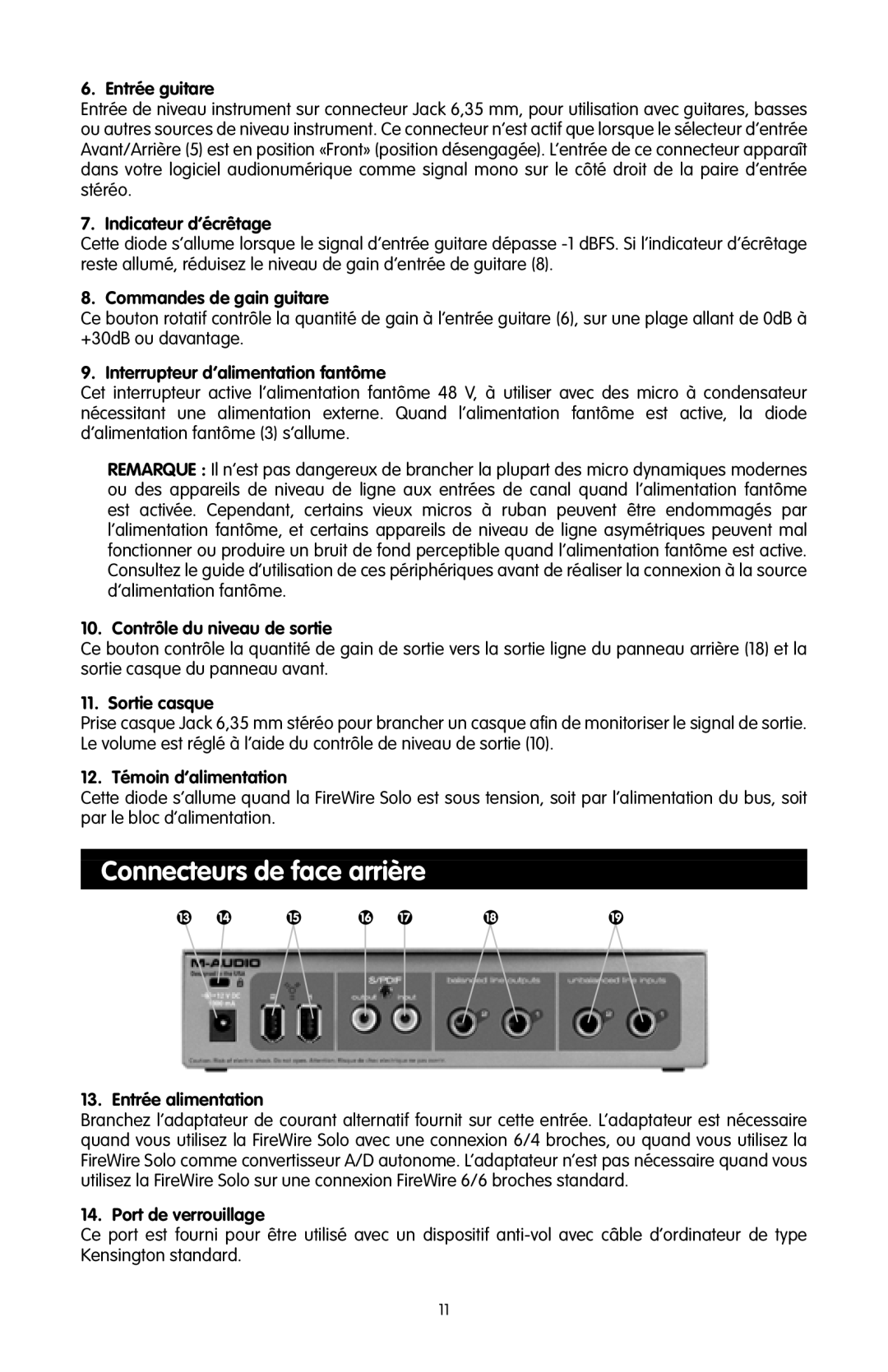 M-Audio FireWire SOLO quick start Connecteurs de face arrière 