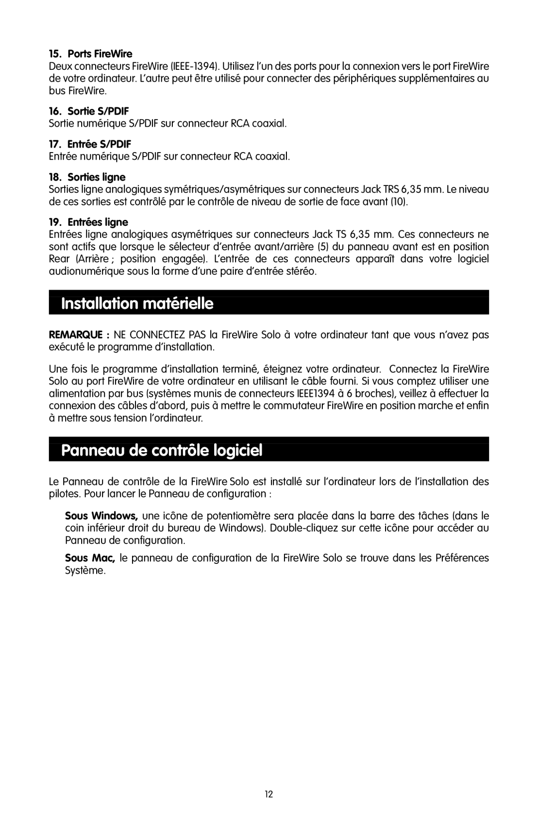 M-Audio FireWire SOLO quick start Installation matérielle, Panneau de contrôle logiciel 