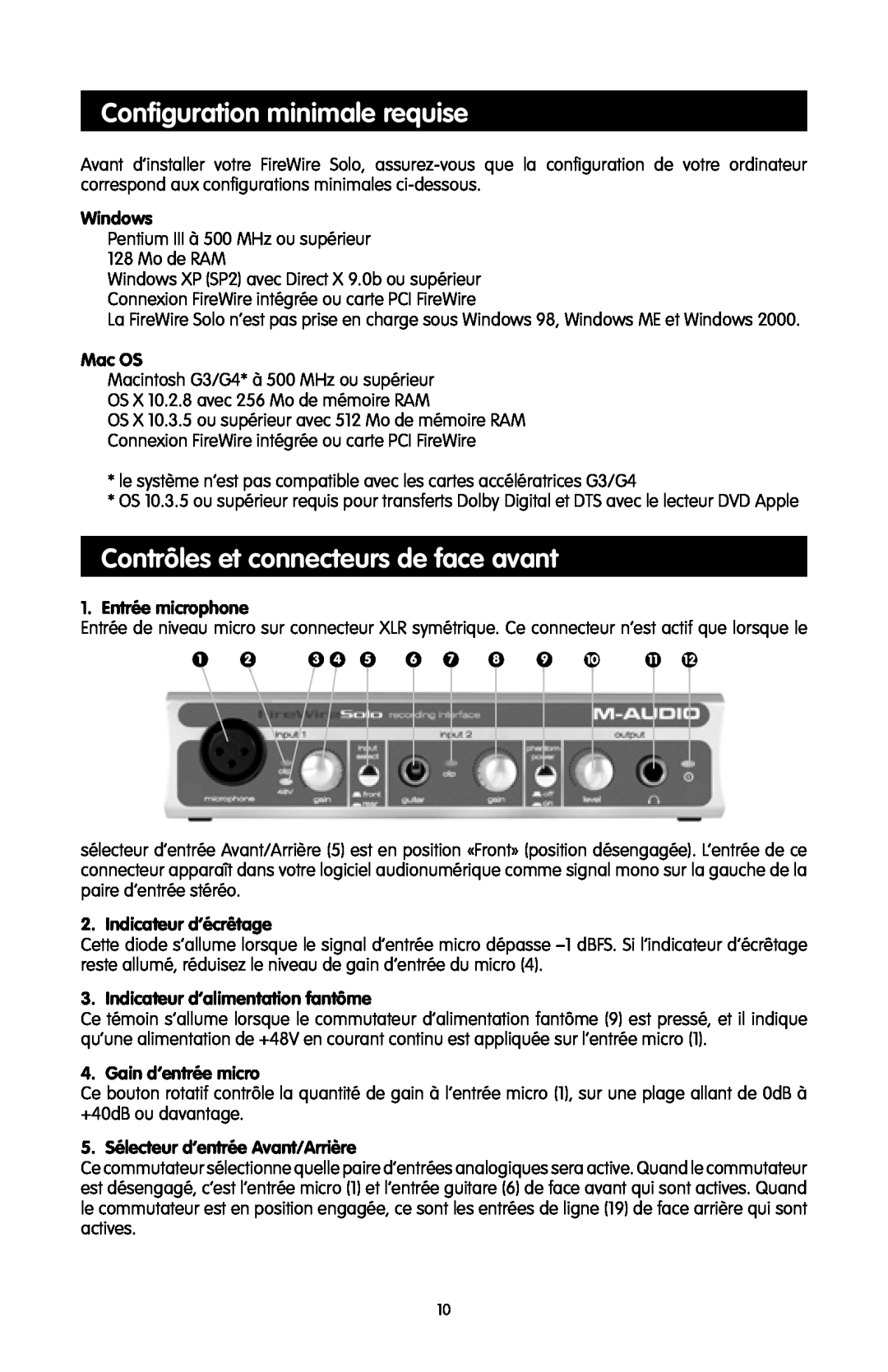 M-Audio FireWire SOLO quick start Conﬁguration minimale requise, Contrôles et connecteurs de face avant, Windows, Mac OS 