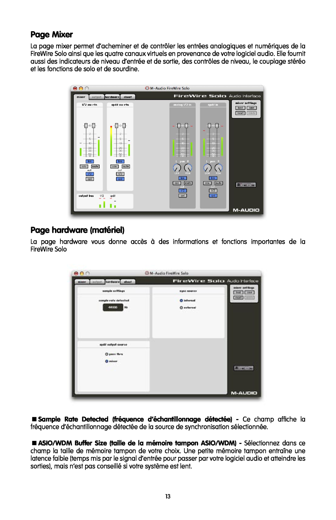 M-Audio FireWire SOLO quick start Page Mixer, Page hardware matériel 