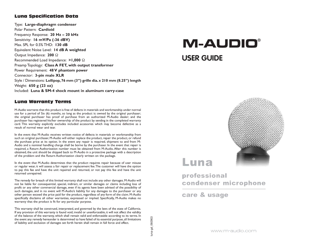 M-Audio GR-D347U warranty Luna Specification Data, Luna Warranty Terms 