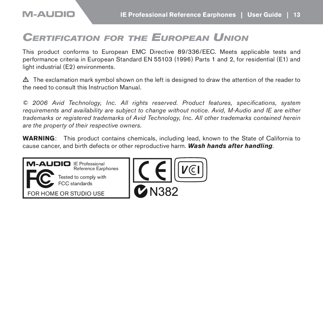 M-Audio IE-20xb, IE-30, IE-10 manual Certification for the European Union 