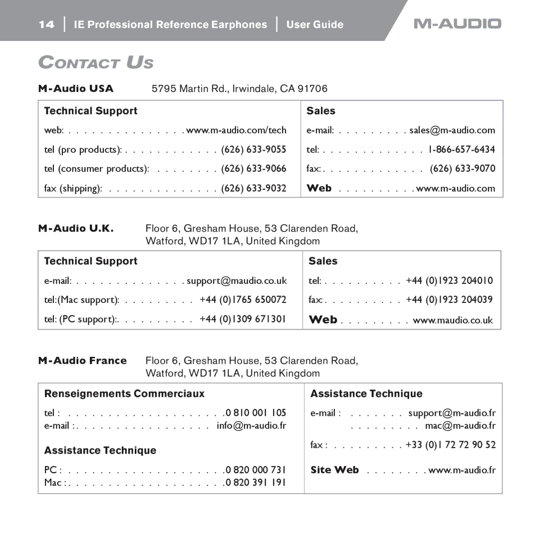 M-Audio IE-10, IE-30, IE-20xb manual Contact US 