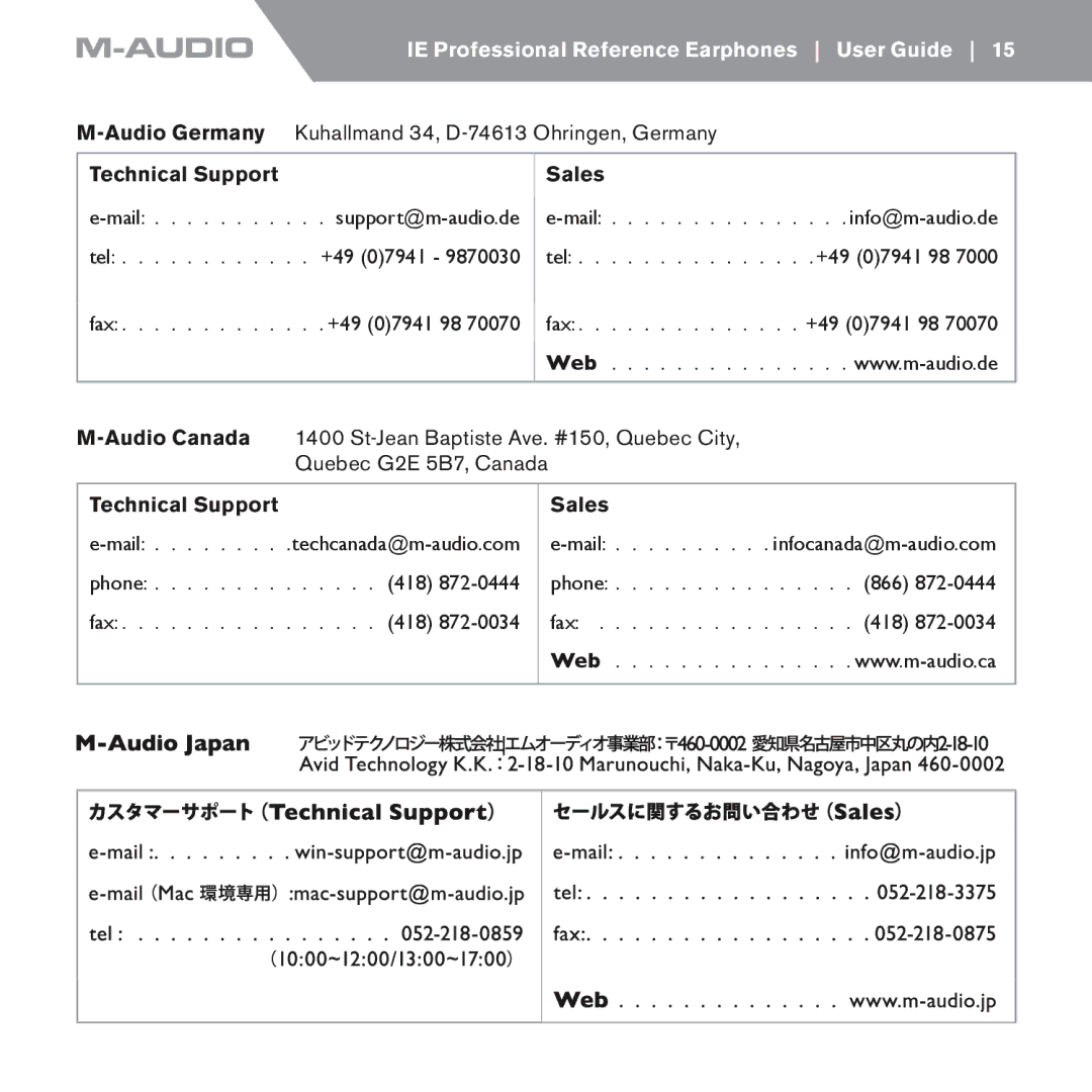 M-Audio IE-30, IE-20xb, IE-10 manual Audio Canada 