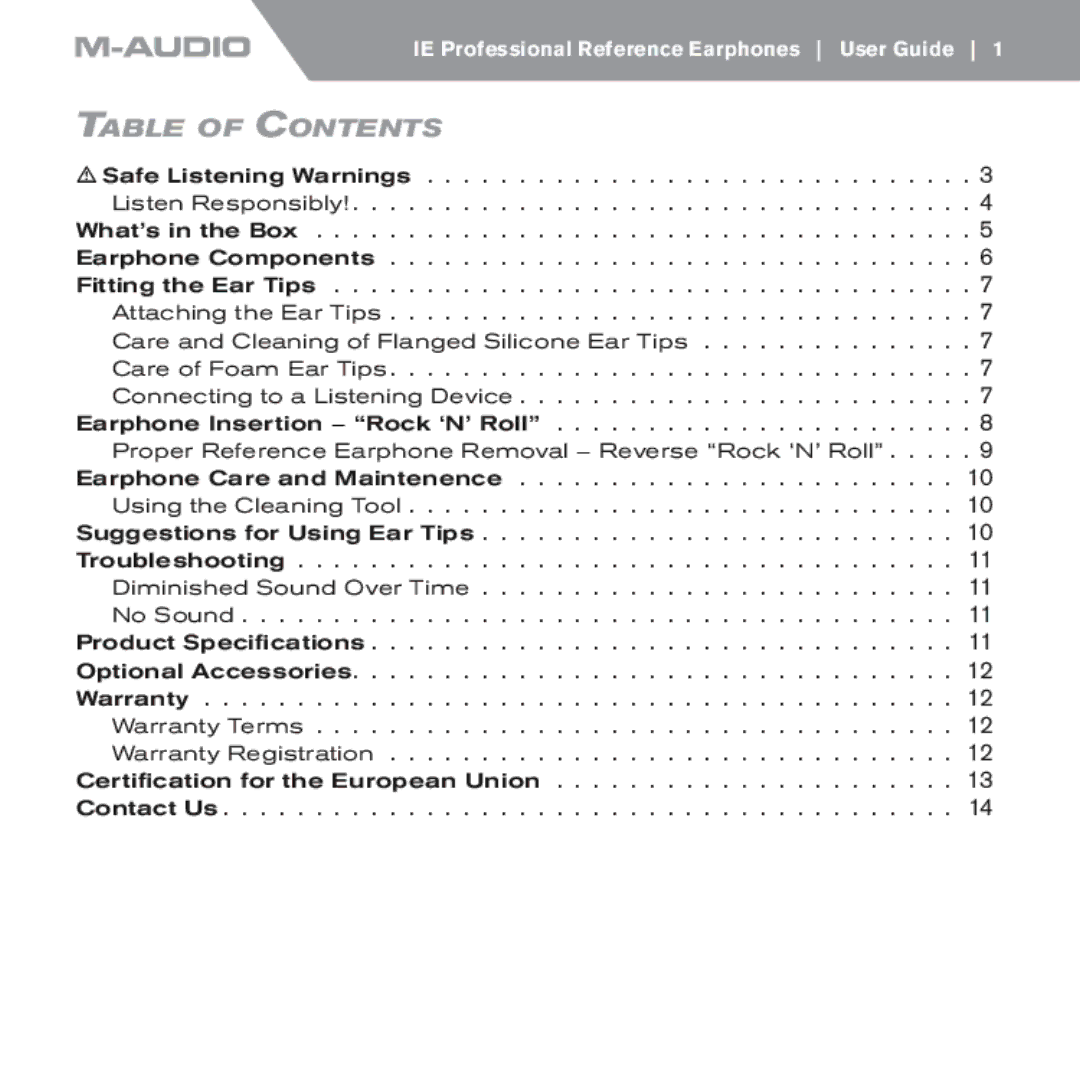 M-Audio IE-10, IE-30, IE-20xb manual Table of Contents 