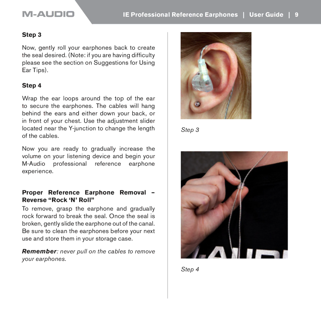 M-Audio IE-30, IE-20xb, IE-10 manual Proper Reference Earphone Removal Reverse Rock ‘N’ Roll 