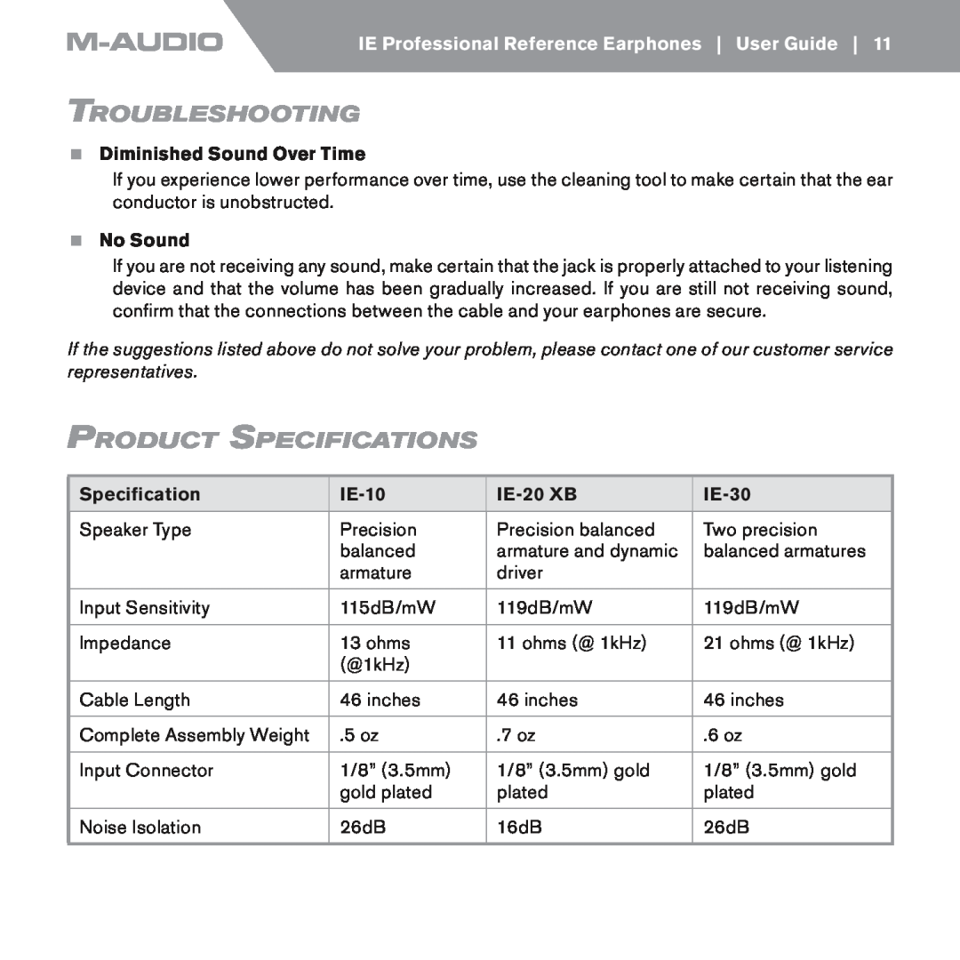 M-Audio IE-10 Troubleshooting, Product Specifications, Diminished Sound Over Time, <No Sound, Speciﬁcation, IE-20XB, IE-30 