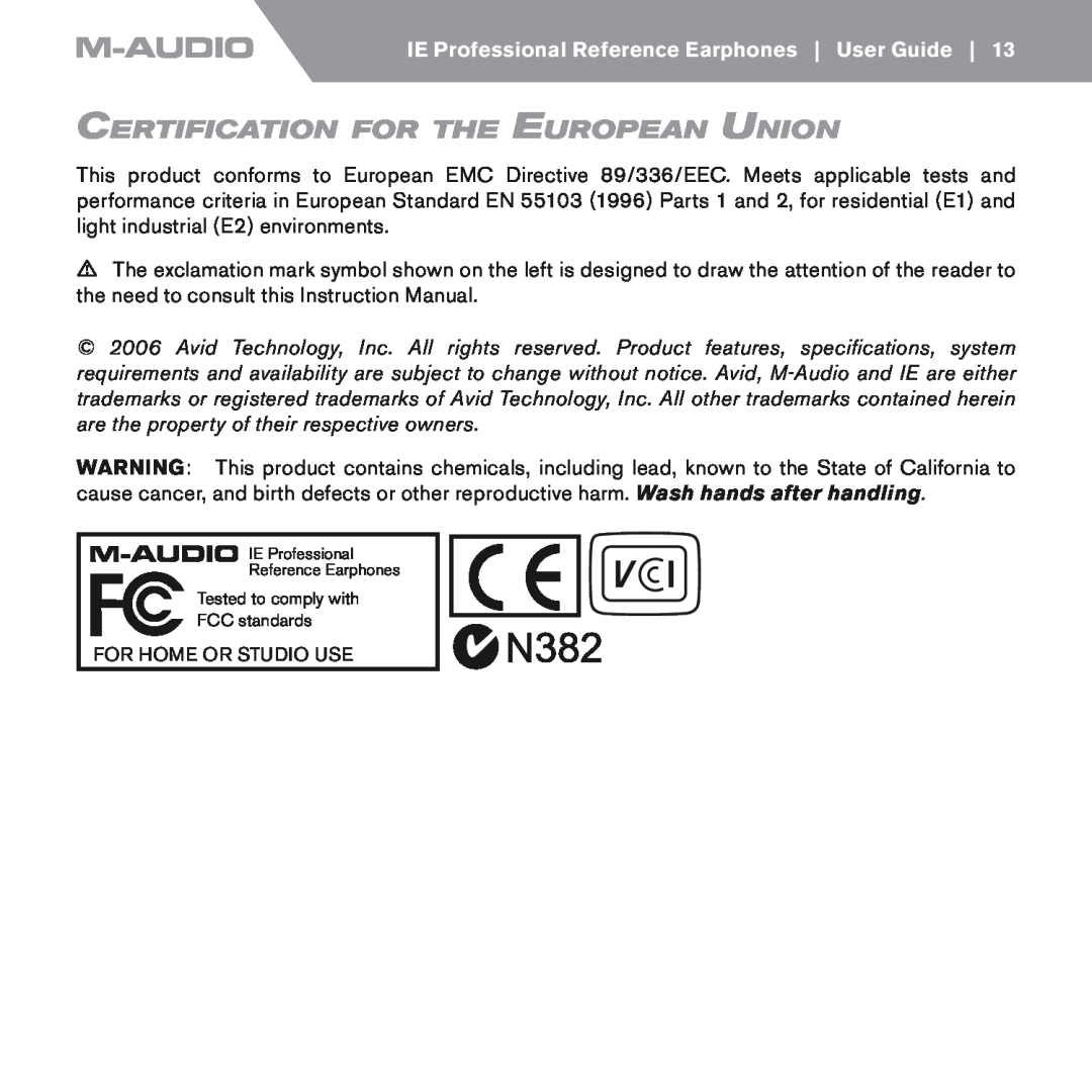 M-Audio IE-20xb, IE-30, IE-10 manual Certification For The European Union 