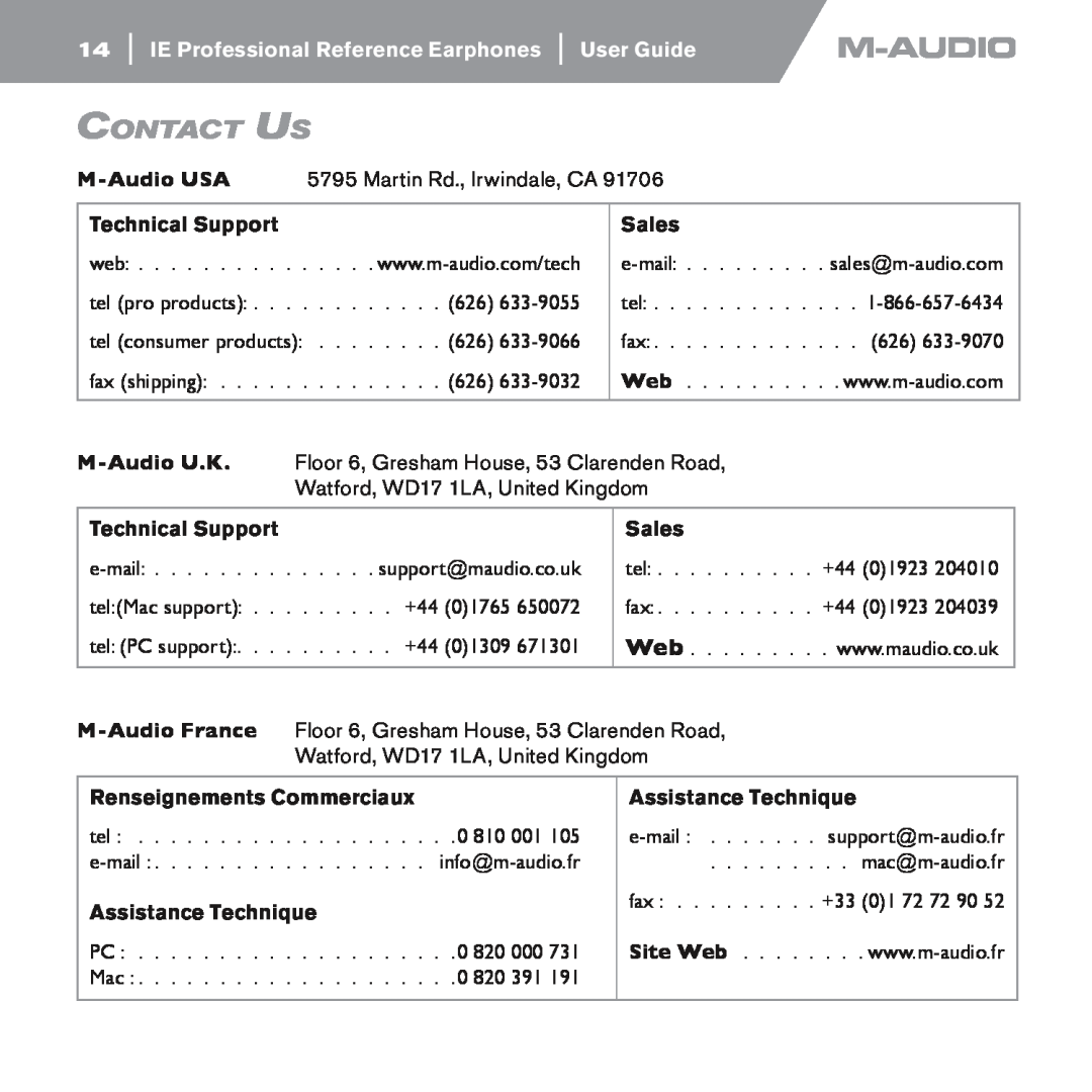 M-Audio IE-10, IE-30, IE-20xb manual Contact Us 
