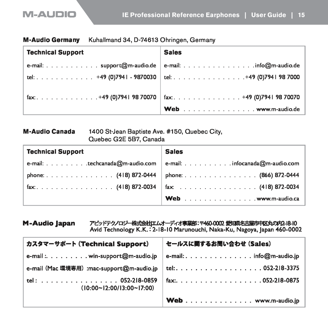 M-Audio IE-30, IE-20xb, IE-10 manual Technical Support, Sales, M-AudioCanada 