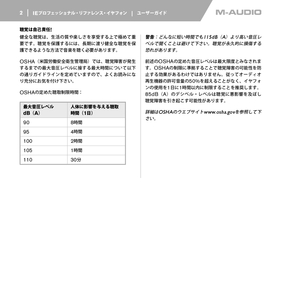 M-Audio IE-20 XB, IE-30, IE-40, IE-10 manual Db （A ）, 聴覚は自己責任, 最大音圧レベル 人体に影響を与える聴取, 時間（ 1日） 