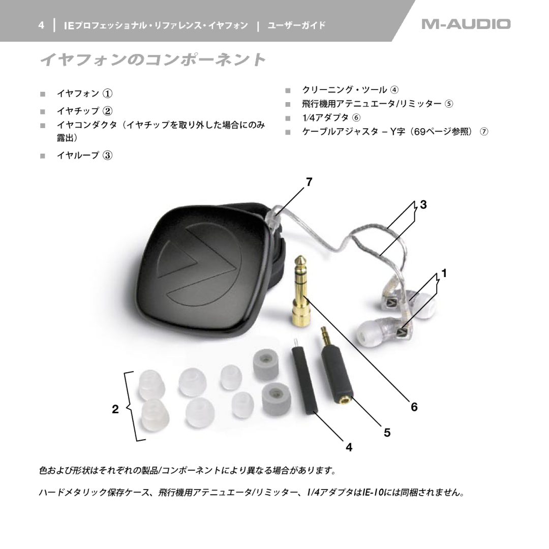 M-Audio IE-40, IE-30, IE-10, IE-20 XB manual イヤフォンのコンポーネント 