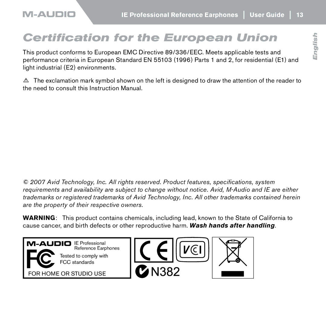 M-Audio IE-40 manual Certification for the European Union 