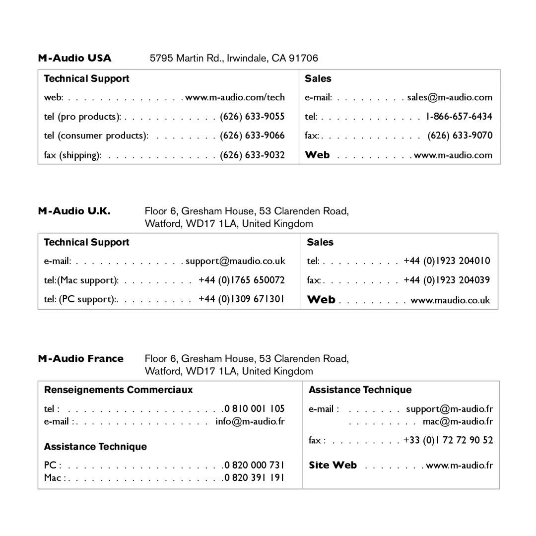 M-Audio IE-40 Audio USA, Technical Support Sales, Audio U.K, Audio France, Renseignements Commerciaux Assistance Technique 