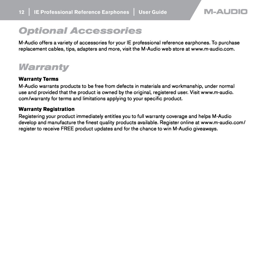 M-Audio IE-40 manual Optional Accessories, Warranty Terms, Warranty Registration 