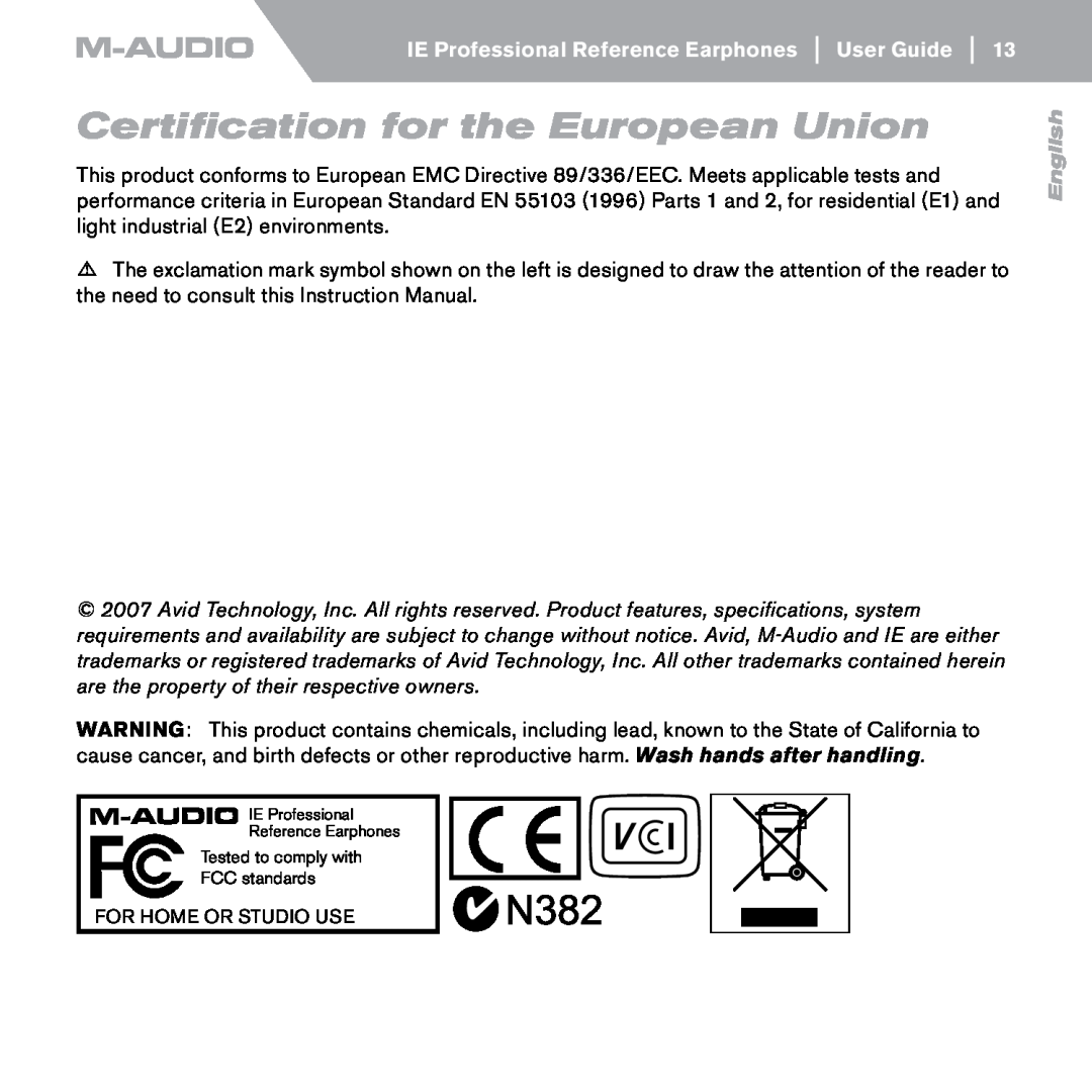 M-Audio IE-40 manual Certification for the European Union, English 