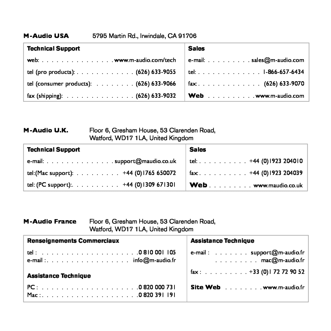 M-Audio IE-40 manual M-AudioUSA, Technical Support, Sales, M-AudioU.K, M-AudioFrance, Renseignements Commerciaux, Site Web 