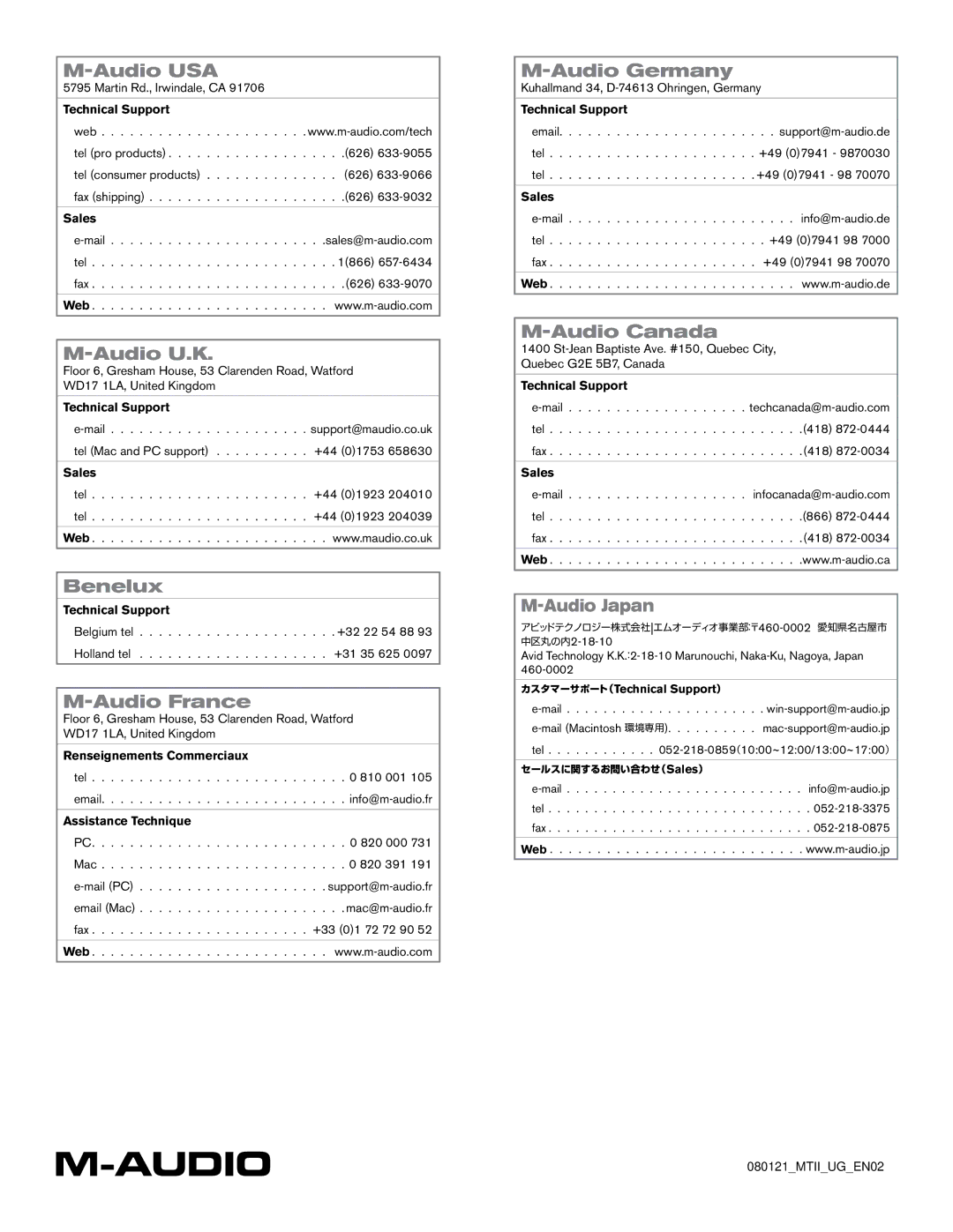 M-Audio II manual Audio USA, Audio U.K, Benelux, Audio France, Audio Germany, Audio Canada 