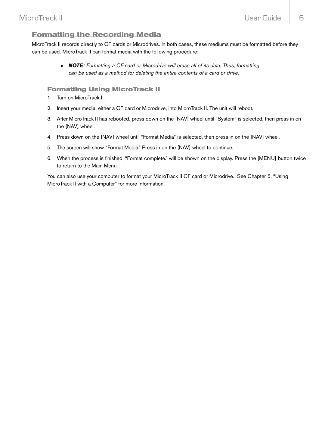 M-Audio II manual Formatting the Recording Media, Formatting Using MicroTrack 