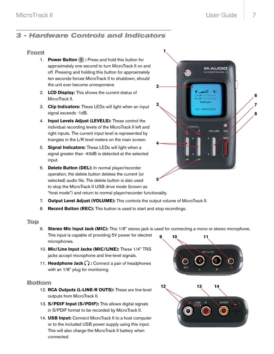 M-Audio II manual Hardware Controls and Indicators, Front, Top, Bottom 