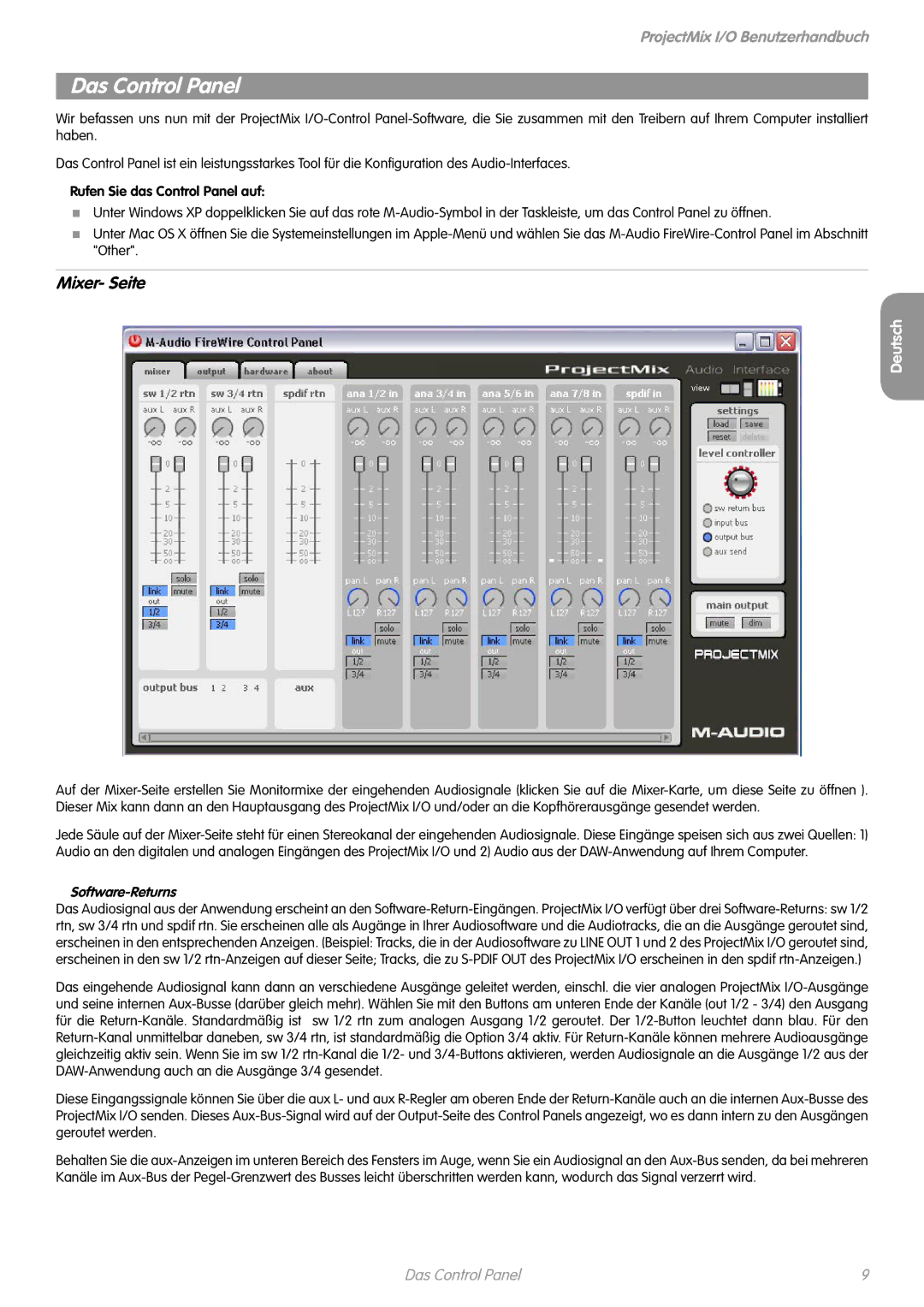 M-Audio I/O manual Das Control Panel, Mixer- Seite, Rufen Sie das Control Panel auf, Software-Returns 