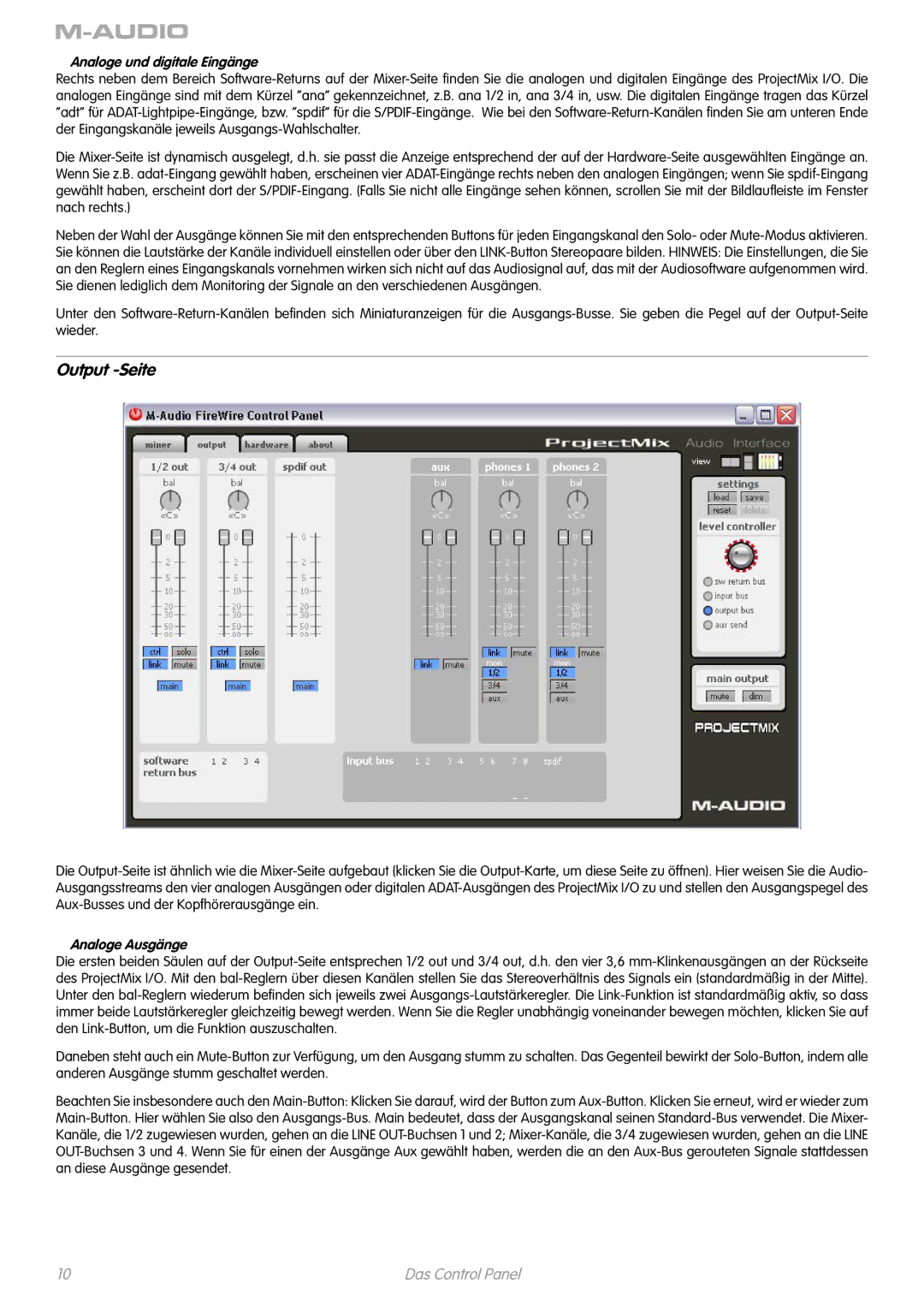 M-Audio I/O manual Output -Seite, Analoge und digitale Eingänge, Analoge Ausgänge 