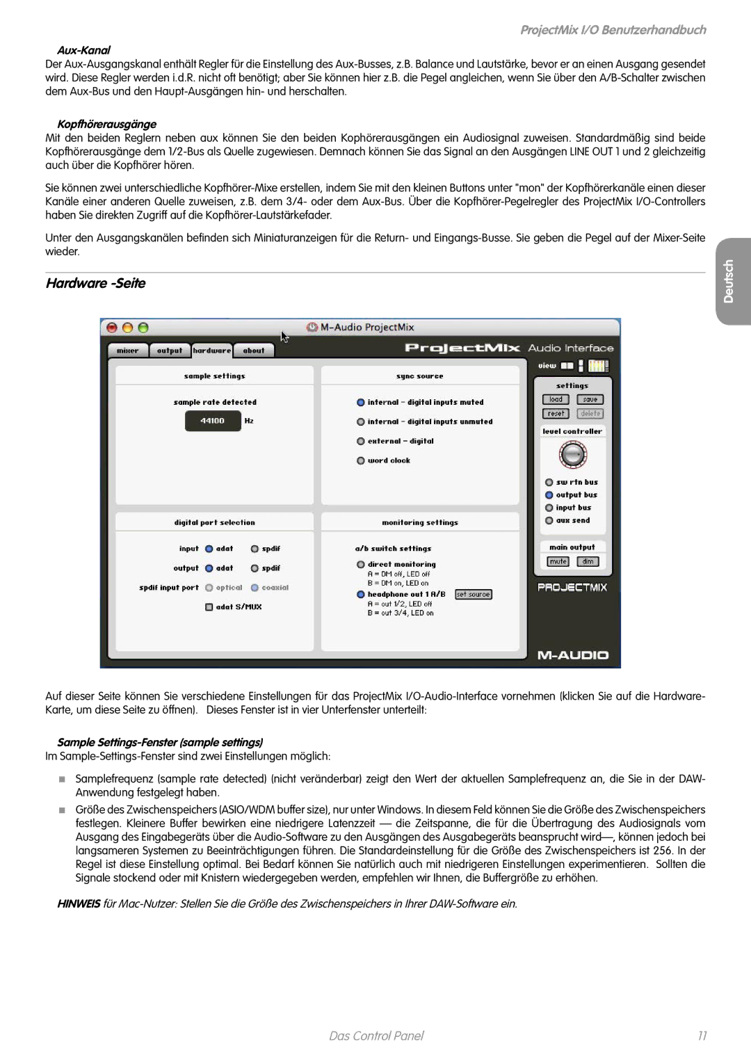 M-Audio I/O manual Hardware -Seite, Aux-Kanal, Kopfhörerausgänge, Sample Settings-Fenster sample settings 