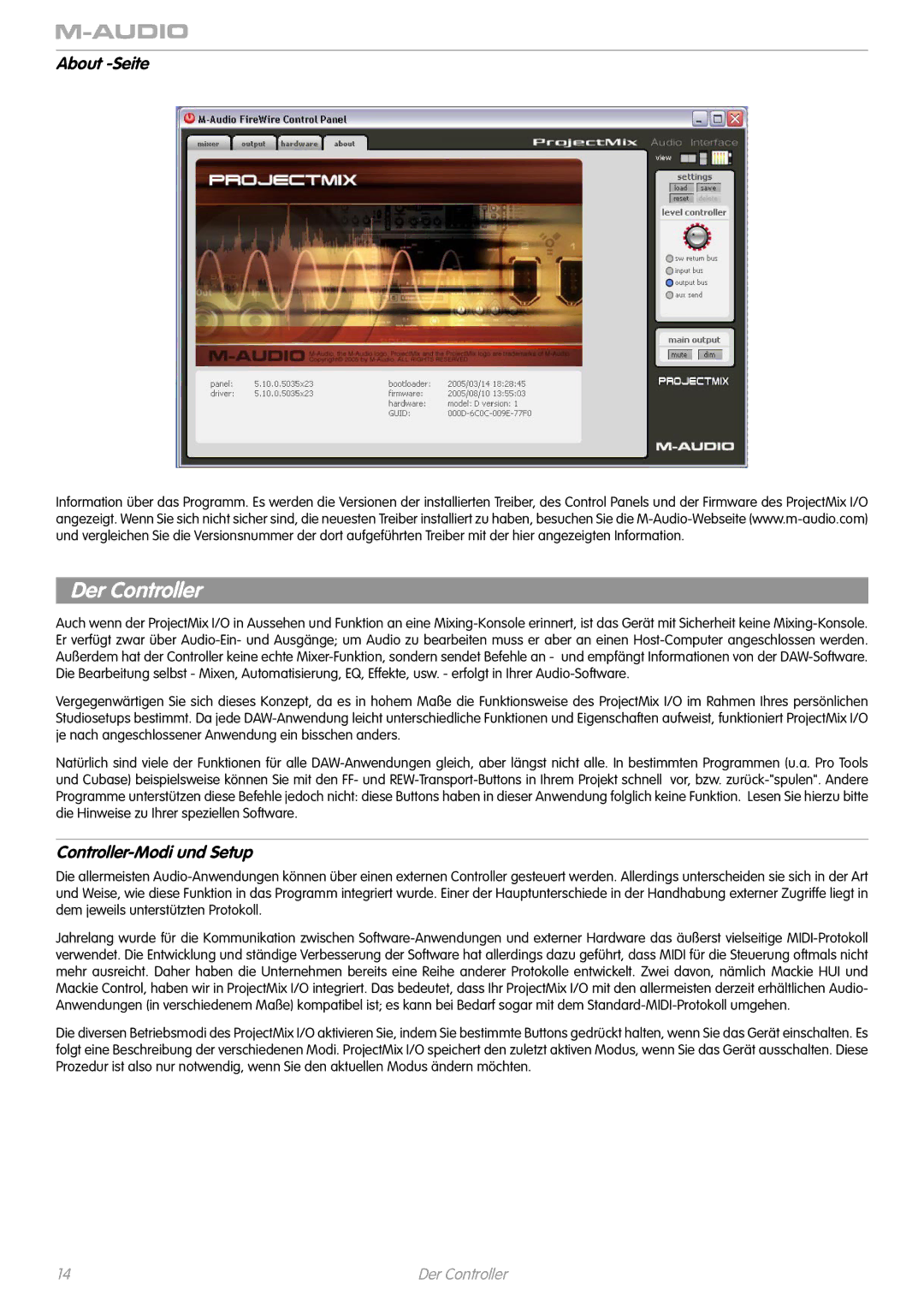 M-Audio I/O manual Der Controller, About -Seite, Controller-Modi und Setup 