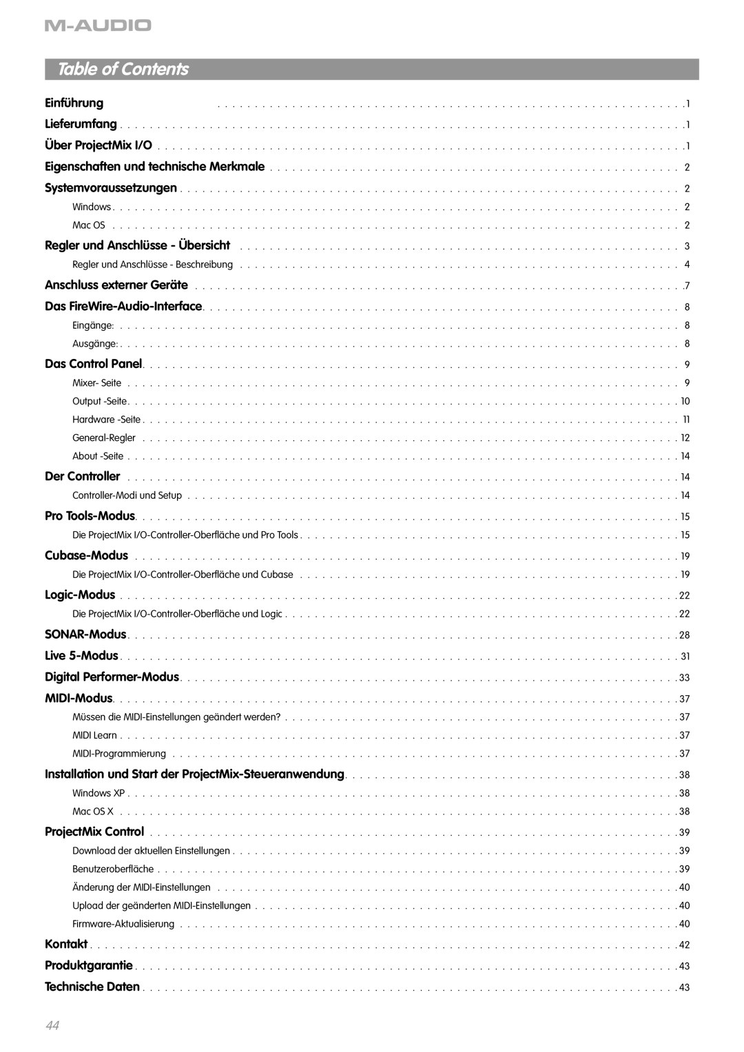 M-Audio I/O manual Table of Contents 